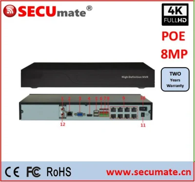 16CH Poe NVR 8MP H. 265 Enregistreur vidéo réseau Audio Onvif P2p Vue à distance HDMI